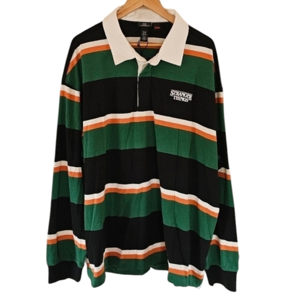 Stranger Things × H&M Collab Rugby Striped Collared Relaxed Cotton Jersey - Picture 1 of 7